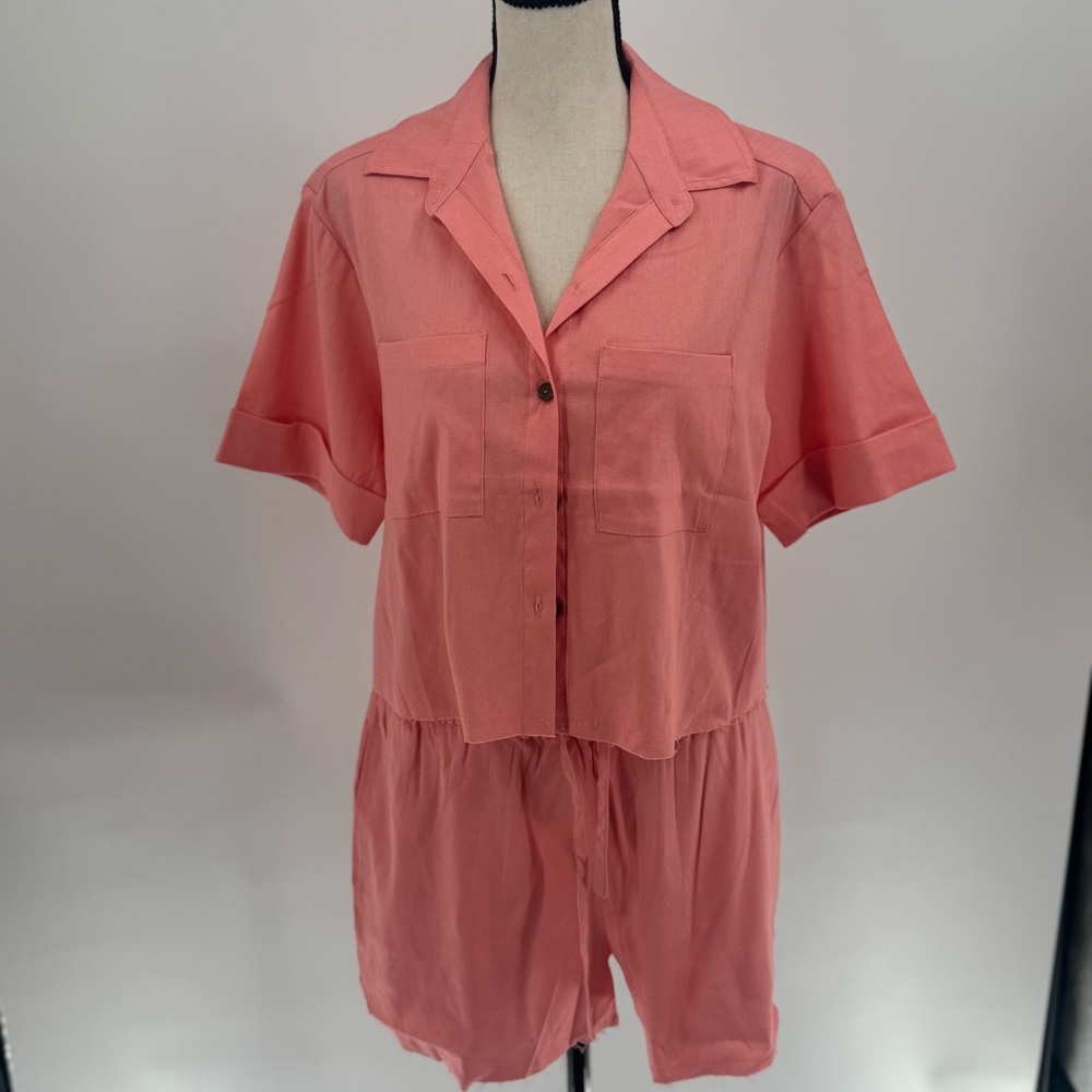 Shore Coral Two-Piece Short Set XS Linen-Blend Button-Up Shirt & Shorts
